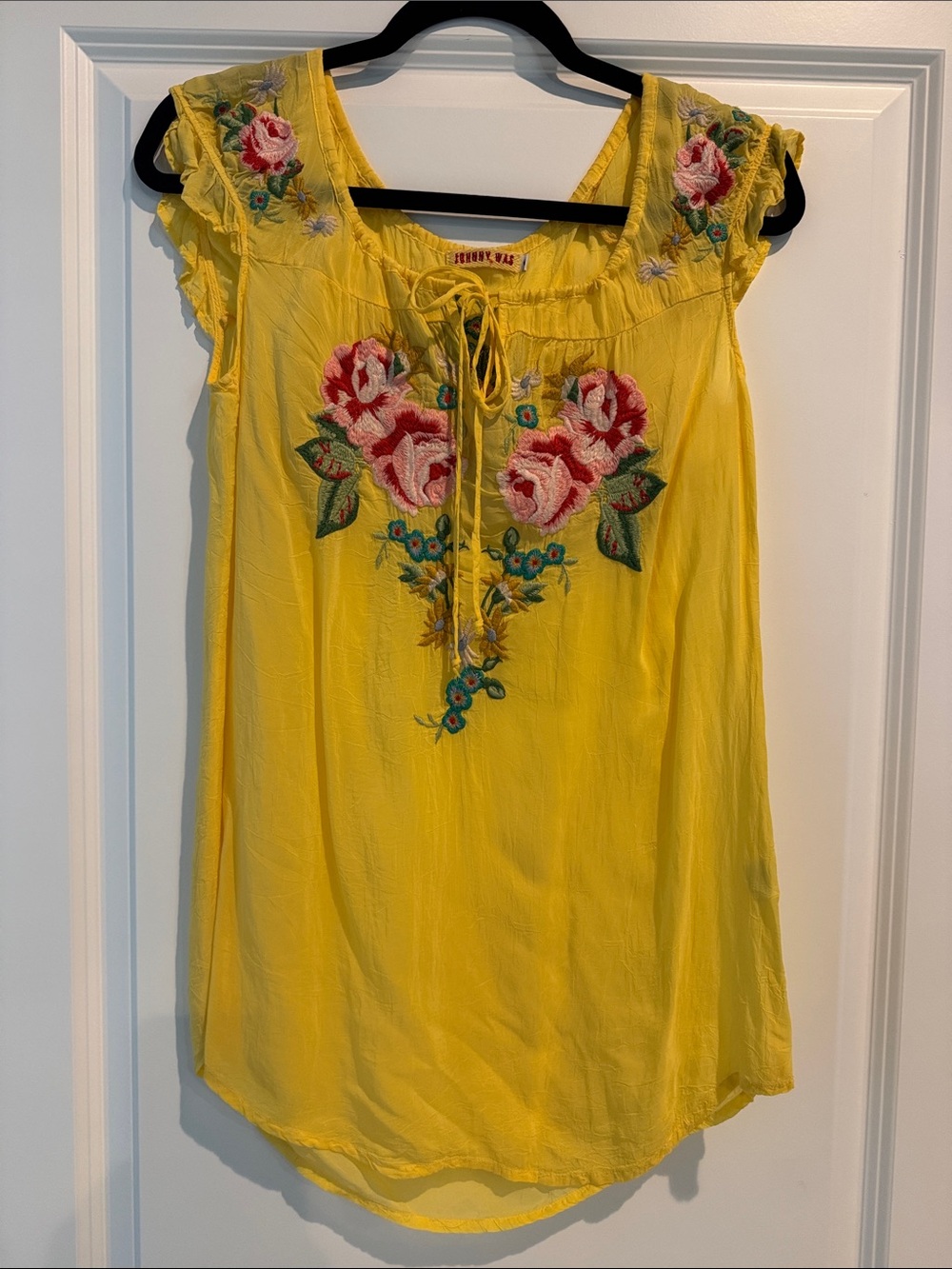Johnny Was Yellow Embroidered Floral Peasant Tunic